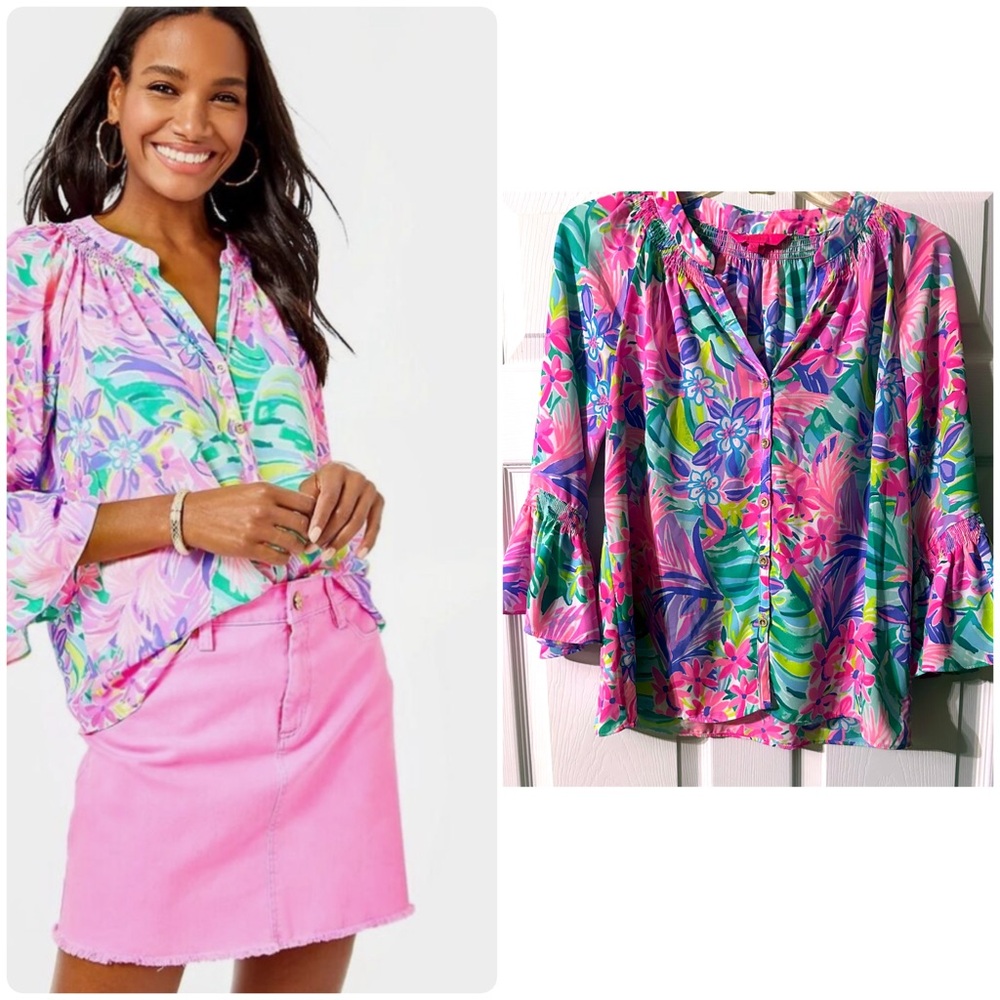 Lilly Pulitzer Pink and Blue 3/4 Sleeve Blouse with Mandarin Collar
